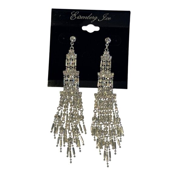 Eisenberg Ice Vintage 4" Silver Tone Rhinestone Chandelier Earrings Sparkly NOS - Picture 2 of 5